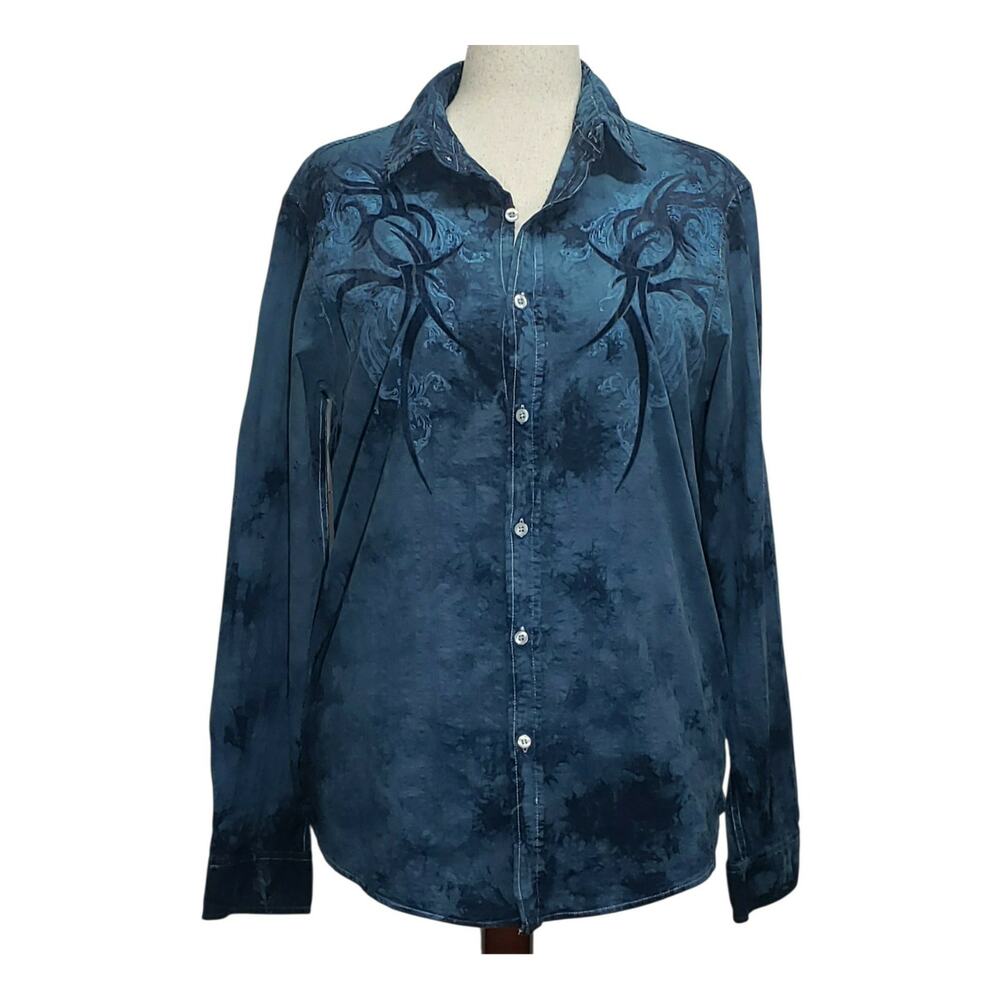 Helix Womens XL Long Sleeve Button Up Acid Wash Gothic Crest Flocked Y2K Shirt